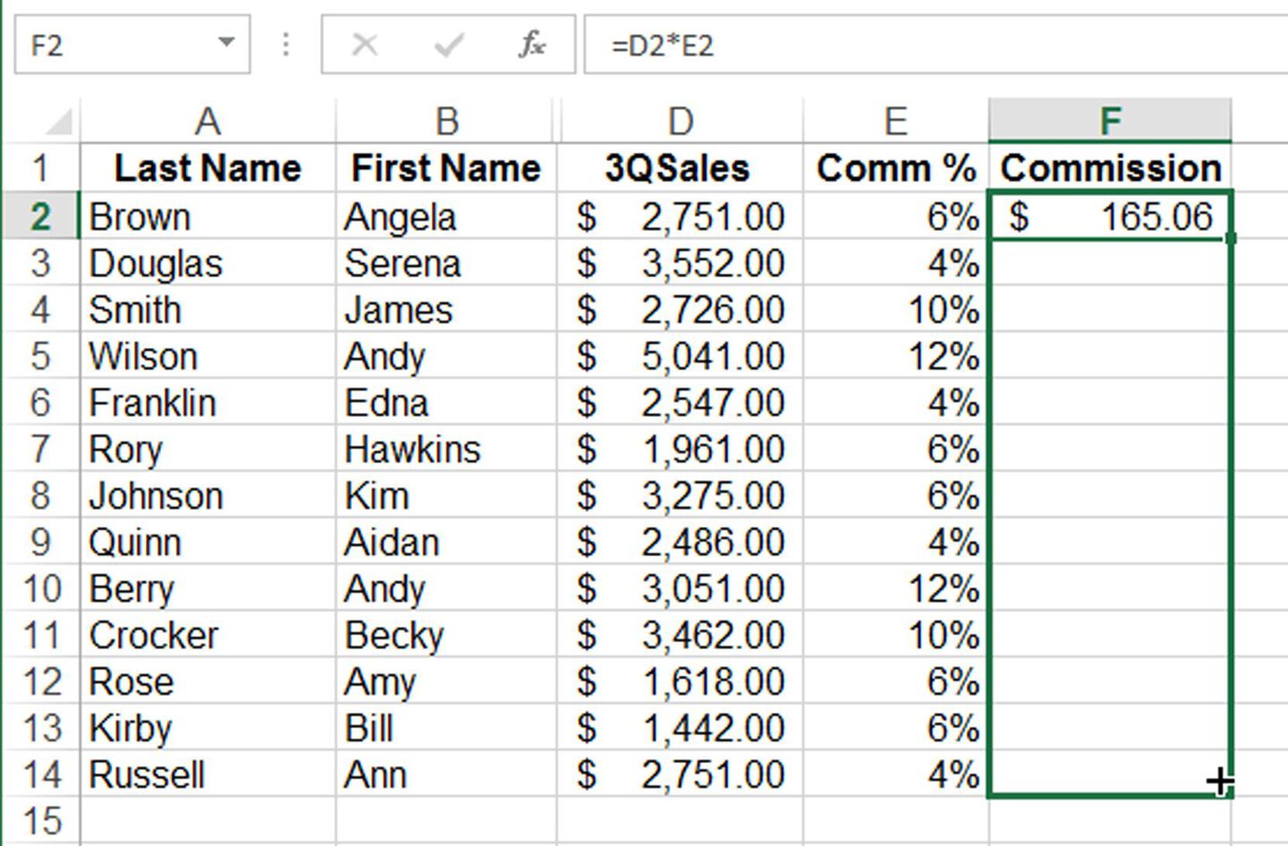 Screenshot of Excel Autofill on Comission