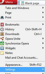 From the Opera menu, select Settings