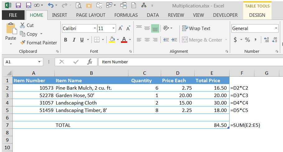 Screenshot of Invoice Totalling Sums