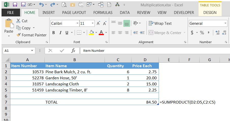 Screenshot of the SUMPRODUCT Function