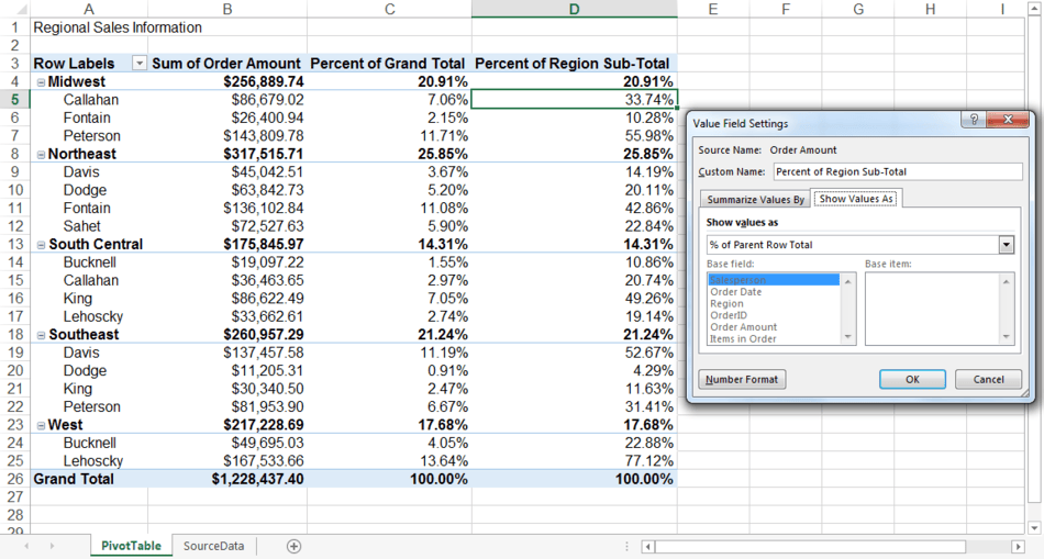 How to Show Percentage of Total in an Excel PivotTable - % of Parent Row Total